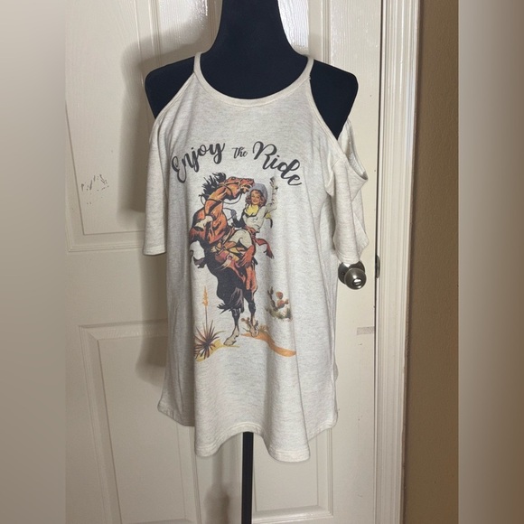Phil Love Tops - Phil Love Cowboy print Thermal short sleeve Cold Shoulder top Medium​